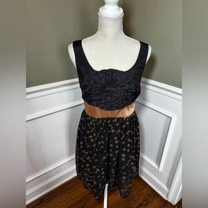 Burlapp Black Gold Polka Dot Rosette Silk Blend Cocktail Dress sz M  BP922-12P32